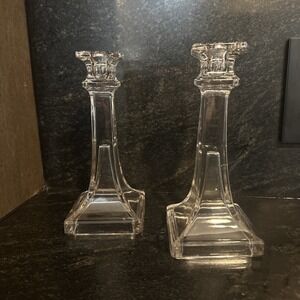 Vtg. Pair Glass Candle Sticks Taper Candleholders Clear w/ Square Base 7.5" Tall